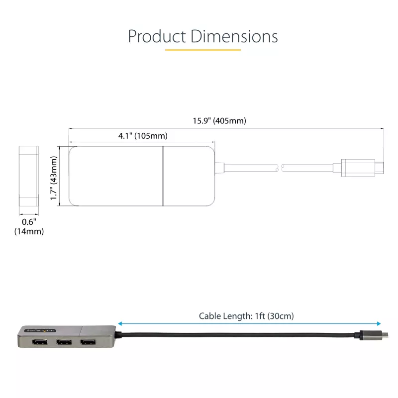 StarTech.com 3-poorts USB-C multi-monitor adapter, USB Type-C naar 3x DisplayPort 1.4 MST-hub, triple 4K 60Hz DP laptop display extender / splitter, HDR, extra lange ingebouwde kabel - alleen Windows