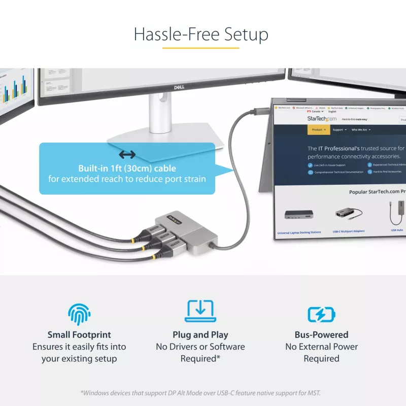 StarTech.com 3-poorts USB-C multi-monitor adapter, USB Type-C naar 3x DisplayPort 1.4 MST-hub, triple 4K 60Hz DP laptop display extender / splitter, HDR, extra lange ingebouwde kabel - alleen Windows