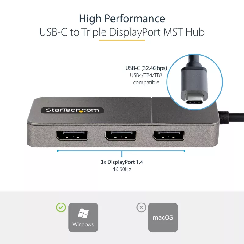 StarTech.com 3-poorts USB-C multi-monitor adapter, USB Type-C naar 3x DisplayPort 1.4 MST-hub, triple 4K 60Hz DP laptop display extender / splitter, HDR, extra lange ingebouwde kabel - alleen Windows