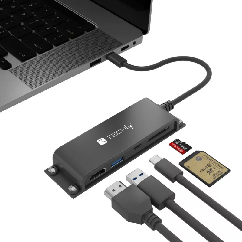 Techly IADAP-USBC-935 Laptop-dockingstation/poortreplicator Bekabeld USB 3.2 Gen 1 (3.1 Gen 1) Type-C Zwart