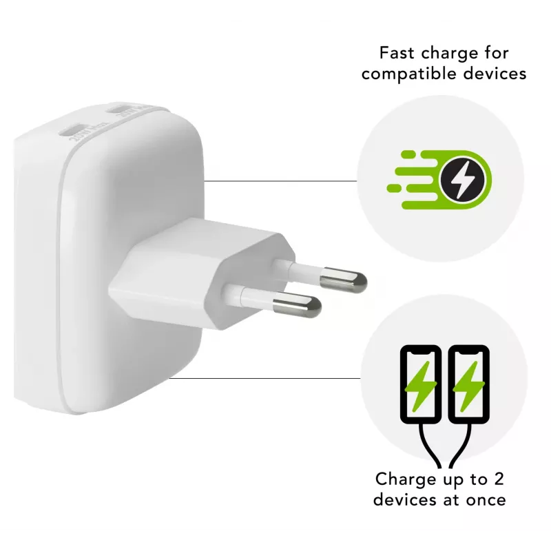 Wandlader d bramante re-charge Pro EU plat 2×USB-C 20W wit (indoor)