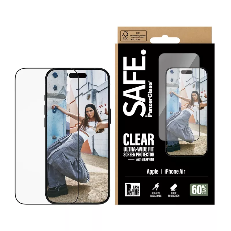 PanzerGlass SAFE Ultra-Wide Fit schermbeschermer met zwart frame, Apple iPhone Air