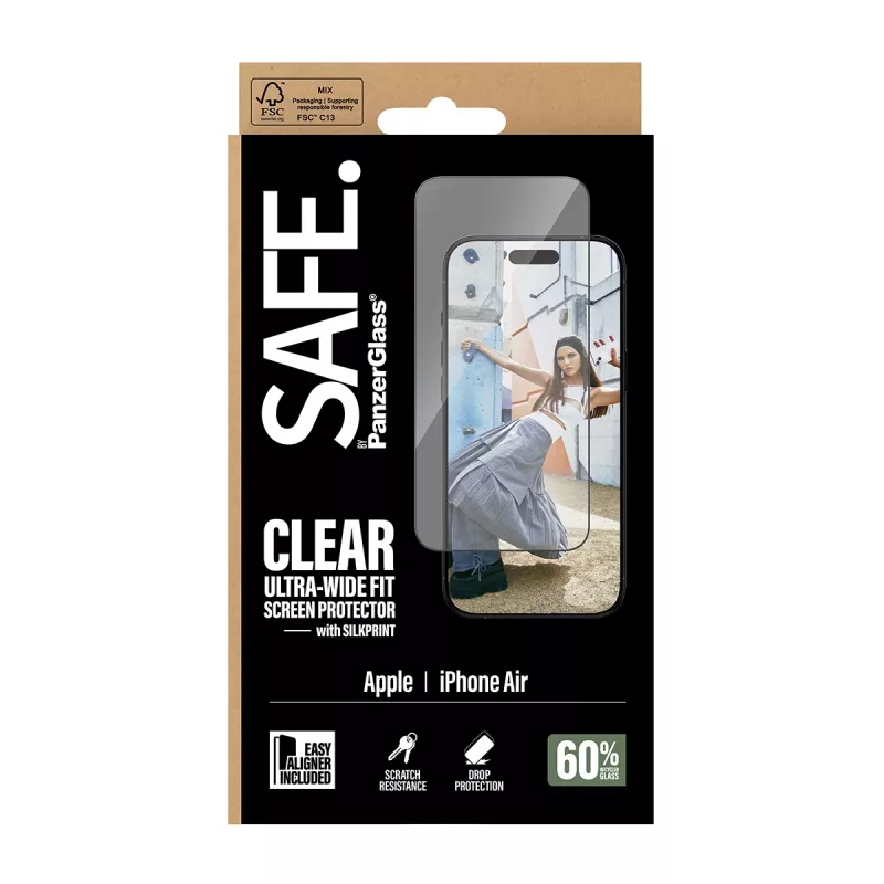 PanzerGlass SAFE Ultra-Wide Fit schermbeschermer met zwart frame, Apple iPhone Air