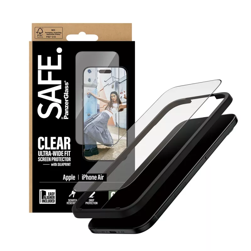 PanzerGlass SAFE Ultra-Wide Fit schermbeschermer met zwart frame, Apple iPhone Air