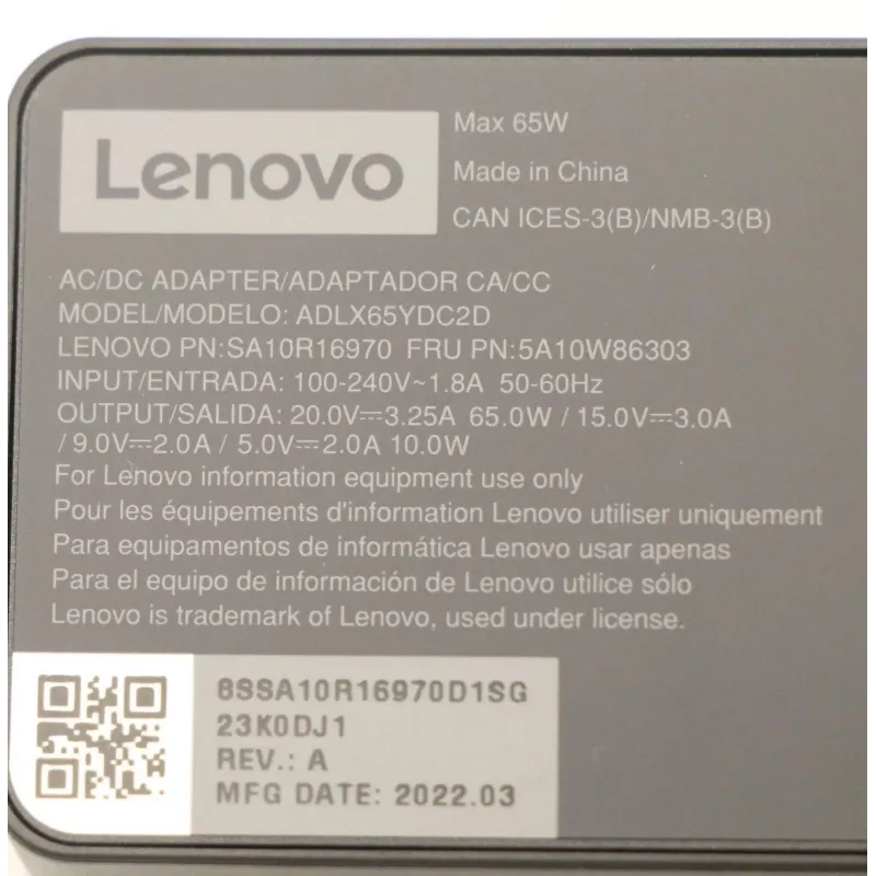AC-adapter 65W USB Type-C Lenovo 5A10W86303, USB-C PD voeding 65 W