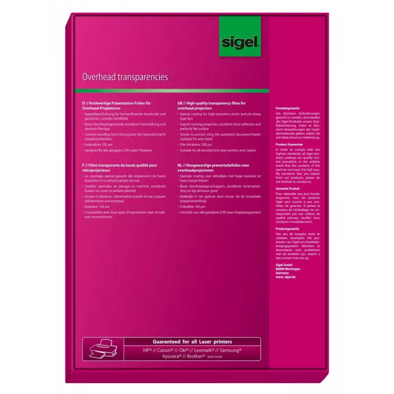 Printerfolie laser Sigel LF419 A4 210×297 mm transparant 100 blad