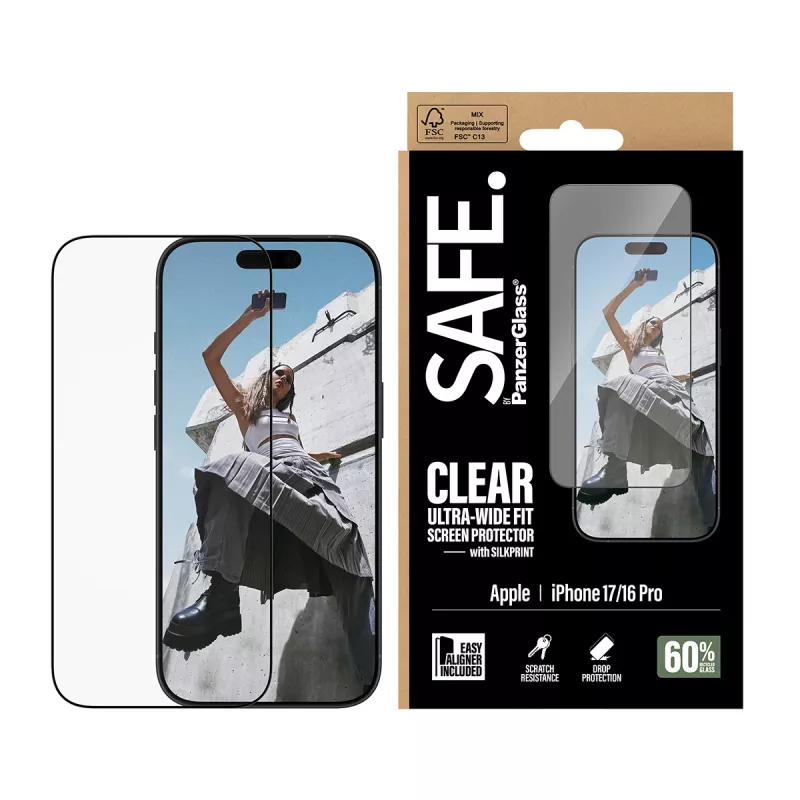 PanzerGlass SAFE. by ® displayscherm met zwarte rand iPhone 17 | 16 Pro | Ultra-Wide Fit met EasyAligner