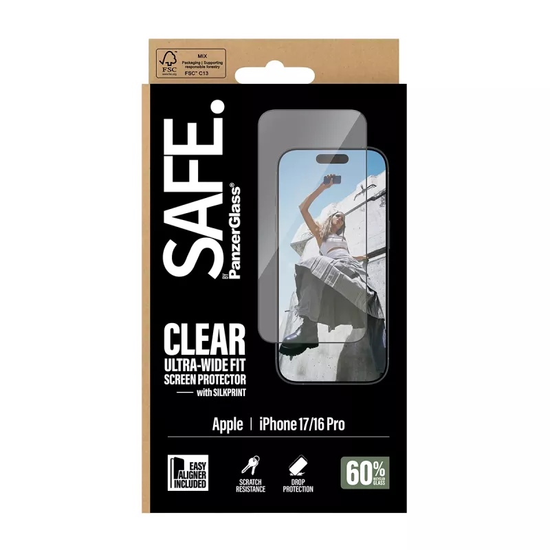 PanzerGlass SAFE. by ® displayscherm met zwarte rand iPhone 17 | 16 Pro | Ultra-Wide Fit met EasyAligner