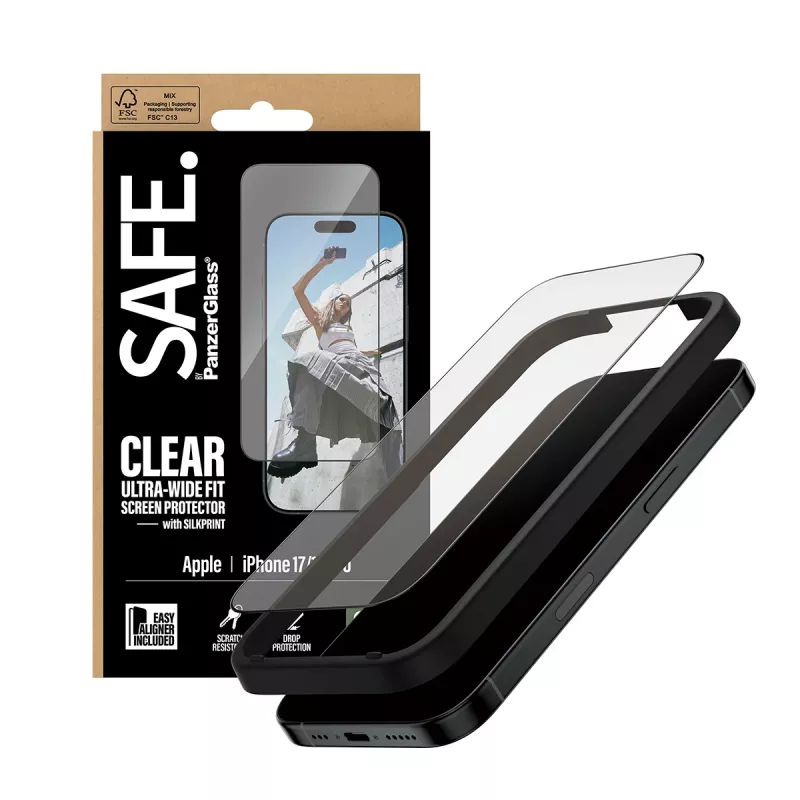 PanzerGlass SAFE. by ® displayscherm met zwarte rand iPhone 17 | 16 Pro | Ultra-Wide Fit met EasyAligner