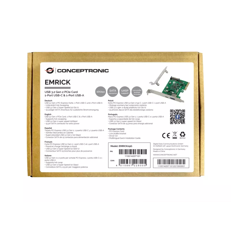 Conceptronic EMRICK USB 3.2 Gen 2 PCIe-kaart, 1-poort USB-C & 1-poort USB-A
