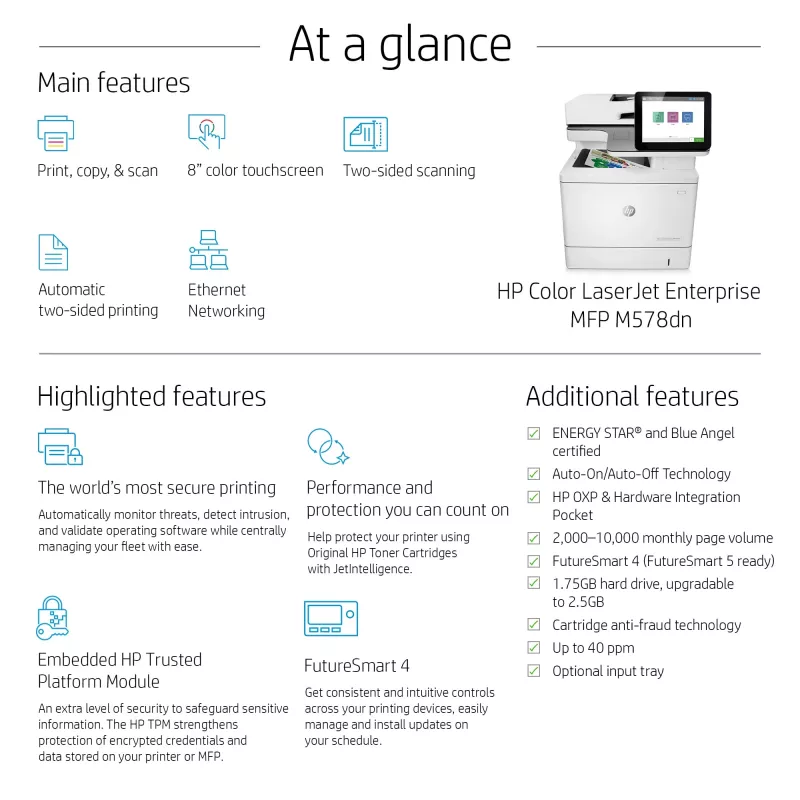 HP Color LaserJet Enterprise MFP M578dn, laser, kleurendruk, 1200 x 1200 DPI, A4, direct printen, wit