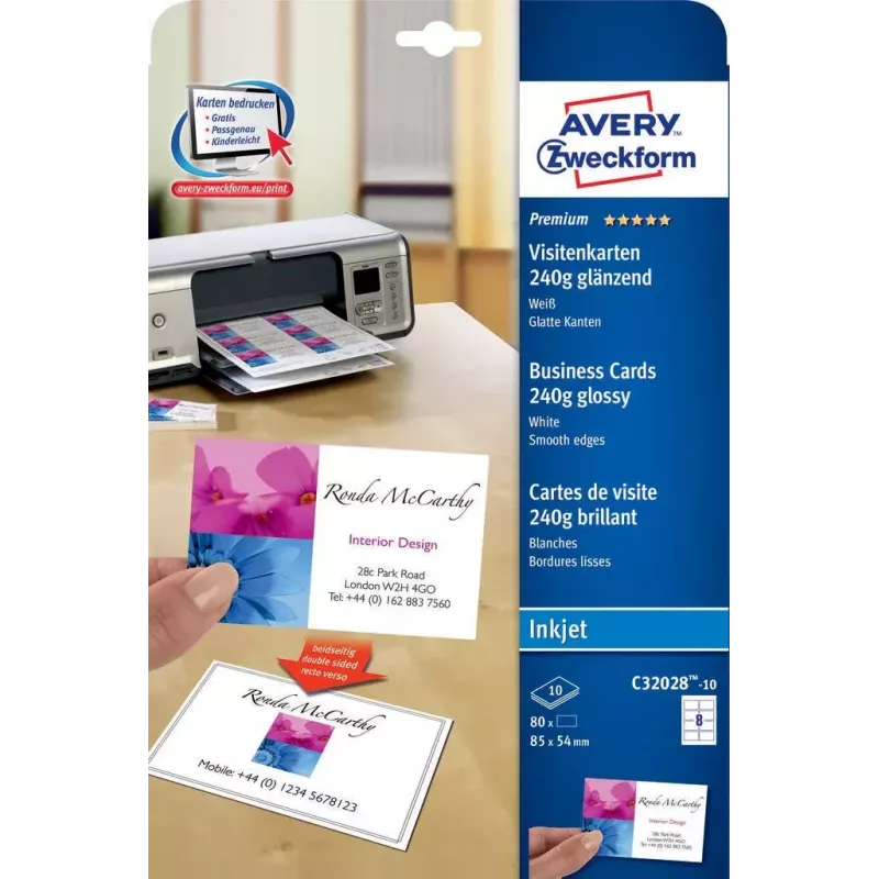 Avery Zweckform Quick&Clean C32028-10 Glanzende fotovisitekaartjes, wit, 220 g/m2, 10 vellen