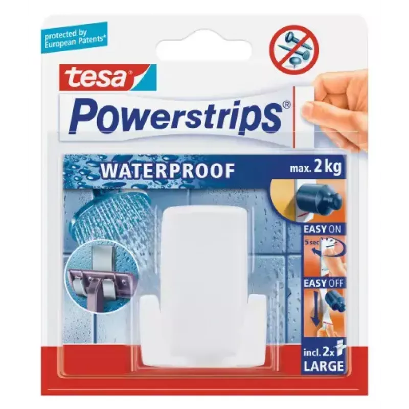 Scheerapparaathouder Tesa Powerstrips Waterproof Wave, zelfklevende badkamerhouder, waterdicht design, wit