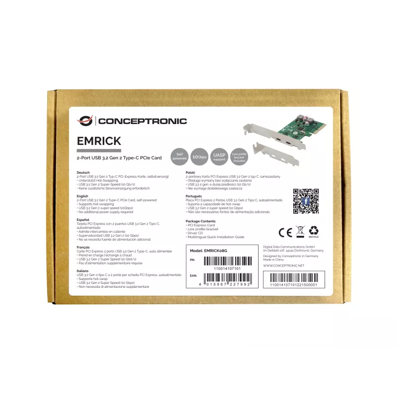 Conceptronic EMRICK 2-poorts USB 3.2 Gen 2 Type-C PCIe-kaart, zelfgevoed