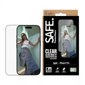 Schermbeschermfolie PanzerGlass SAFE. by voor iPhone 17 Pro — ultrabrede PET-folie met zwarte rand, droge aanbrenging, kras- en stootvast