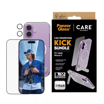 Beschermhoes PanzerGlass CARE Feature Kick 3w1 voor iPhone 17 met geïntegreerd schermglas en cameralensbescherming