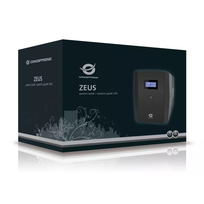 Conceptronic ZEUS 2200VA 1320W UPS, IEC + Schuko-stopcontact, line-interactive, 2,2 kVA, 1320 W, 220 V, 240 V, 220 V