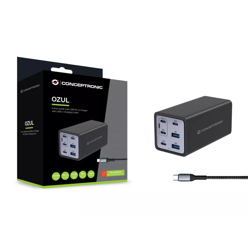 Conceptronic 6-poorts 200W GaN USB PD oplader met USB-C oplaadkabel, USB-C x 4, USB-A x 2, QC 3.0, PD 3.1, PPS