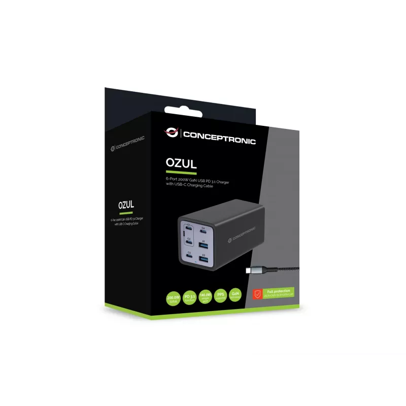 Conceptronic 6-poorts 200W GaN USB PD oplader met USB-C oplaadkabel, USB-C x 4, USB-A x 2, QC 3.0, PD 3.1, PPS