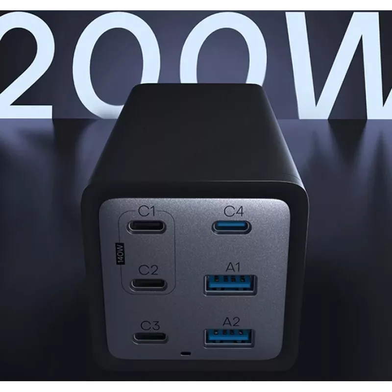 Conceptronic 6-poorts 200W GaN USB PD oplader met USB-C oplaadkabel, USB-C x 4, USB-A x 2, QC 3.0, PD 3.1, PPS
