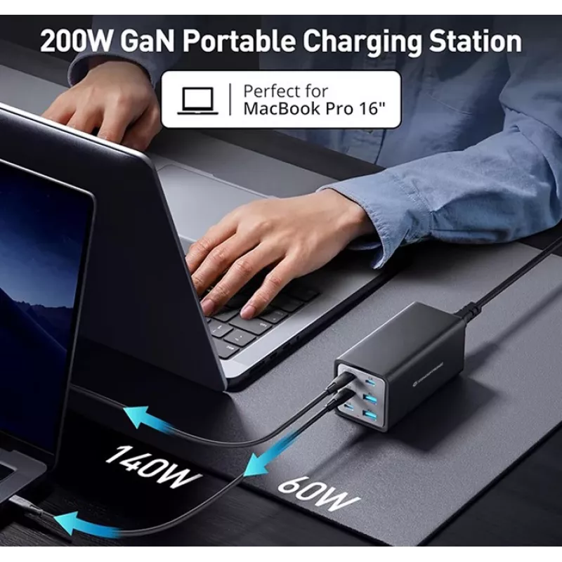 Conceptronic 6-poorts 200W GaN USB PD oplader met USB-C oplaadkabel, USB-C x 4, USB-A x 2, QC 3.0, PD 3.1, PPS
