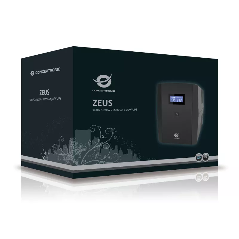 Conceptronic ZEUS 1200VA 720W UPS, IEC + Schuko-stopcontact, line-interactive, 1,2 kVA, 720 W, 220 V, 240 V, 220 V