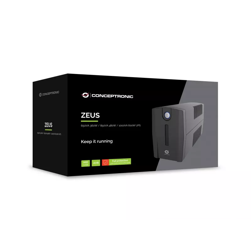 Conceptronic ZEUS02G 850VA 480W UPS, 2 UK-stopcontacten, HID-USB, RJ45 in/uit, AVR