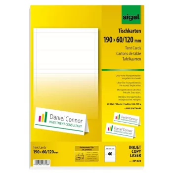Sigel DP049 tafelkaarten, 190 x 60 mm, 185 g/m², hoogwit, 40 stuks (20 vel x 2)