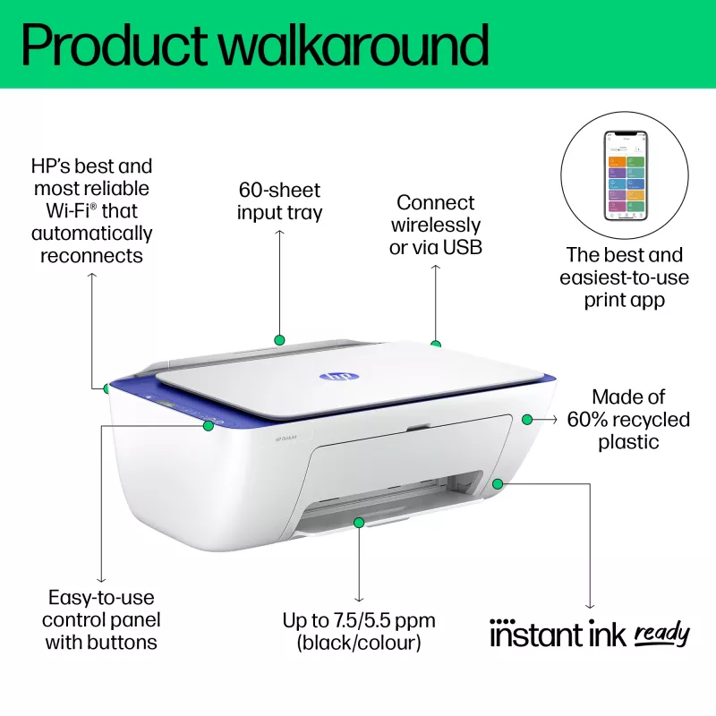 HP DeskJet 2821e draadloze all-in-one kleurenprinter, Instant Ink; kopieerder, scanner