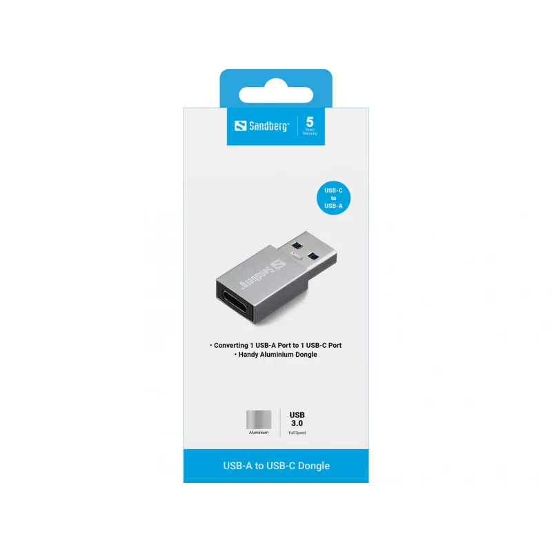 Sandberg USB-A naar USB-C dongle, USB-A, USB-C, aluminium