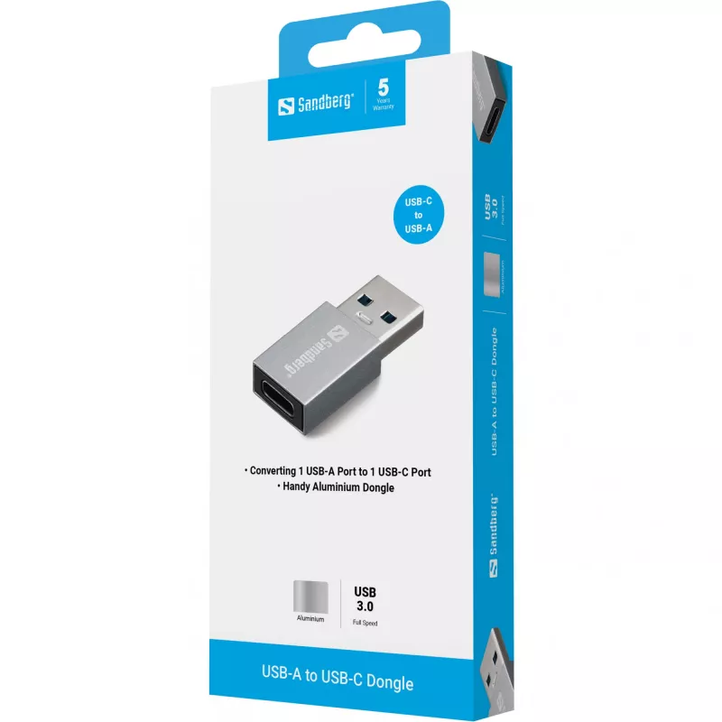 Sandberg USB-A naar USB-C dongle, USB-A, USB-C, aluminium