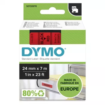 DYMO Authentic D1 etiketten | 24 mm x 7 m rol | Zwarte print op rood | Zelfklevende etiketten voor LabelManager labelprinters