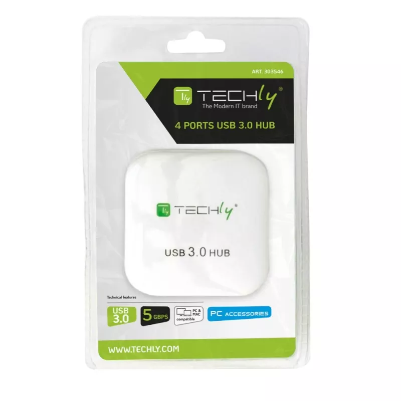 Techly USB 3.0 Super Speed hub 4 poorten wit IUSB3-HUB4-WH, USB 3.2 Gen 1 (3.1 Gen 1) Type-A, 5000 Mbit/s, wit, 0,8 m, CE, RoHS, USB 2.0 USB 1.1