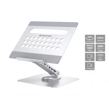 Conceptronic DONN27G, laptopstandaard, zilver, aluminium, 360°, USB 3.2 Gen 1 (3.1 Gen 1) Type-C, 5000 Mbit/s