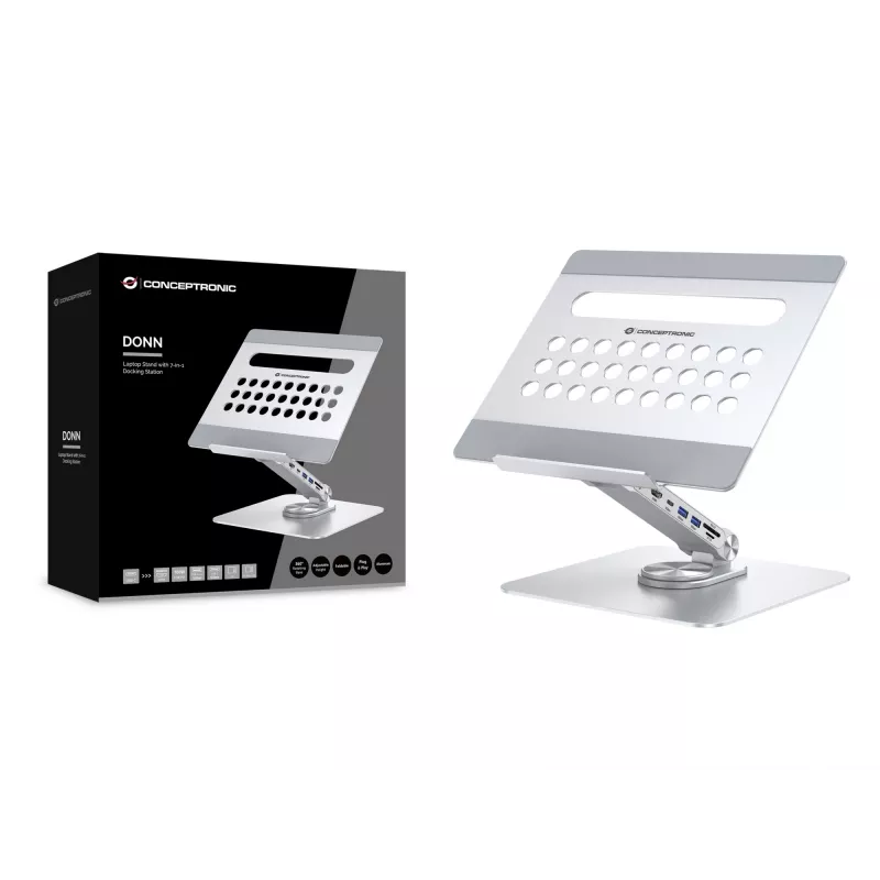 Conceptronic DONN27G, laptopstandaard, zilver, aluminium, 360°, USB 3.2 Gen 1 (3.1 Gen 1) Type-C, 5000 Mbit/s
