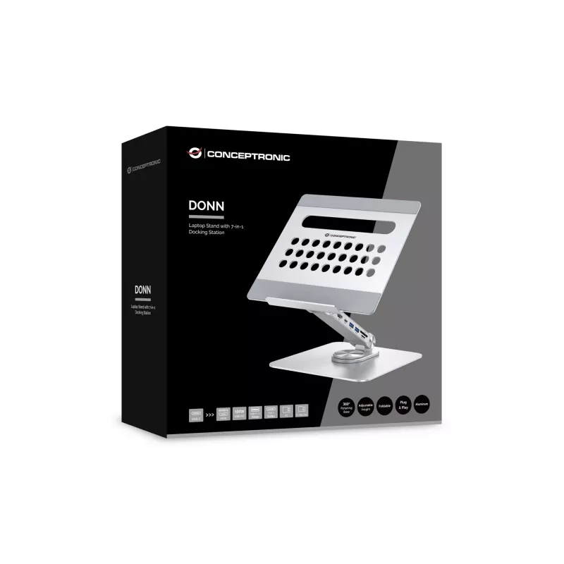 Conceptronic DONN27G, laptopstandaard, zilver, aluminium, 360°, USB 3.2 Gen 1 (3.1 Gen 1) Type-C, 5000 Mbit/s