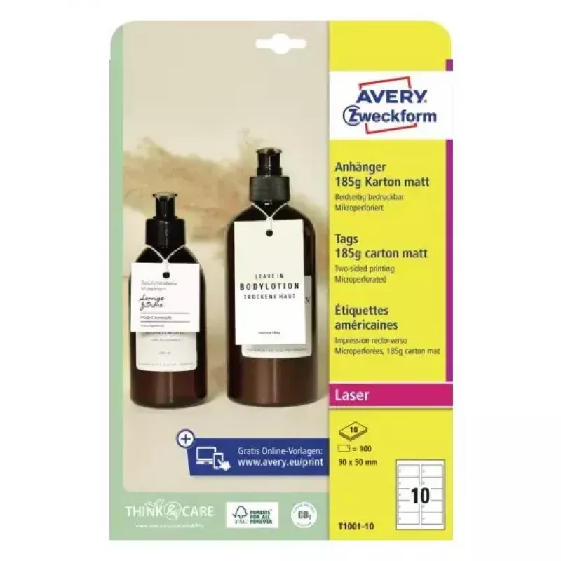 Zelfklevende printeretiketten Avery T1001-10 wit 9x5 cm 100 stuks