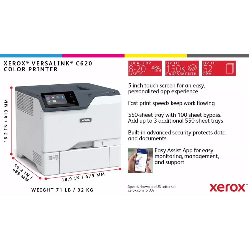 Xerox VersaLink C620 A4 50ppm duplex printer PS3 PCL5e/6 2 laden 650 vel