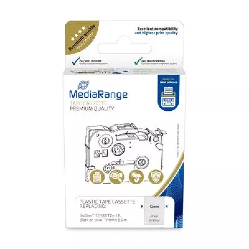 Plastic bandcassette MediaRange TZ-131 12mm zwart op transparant