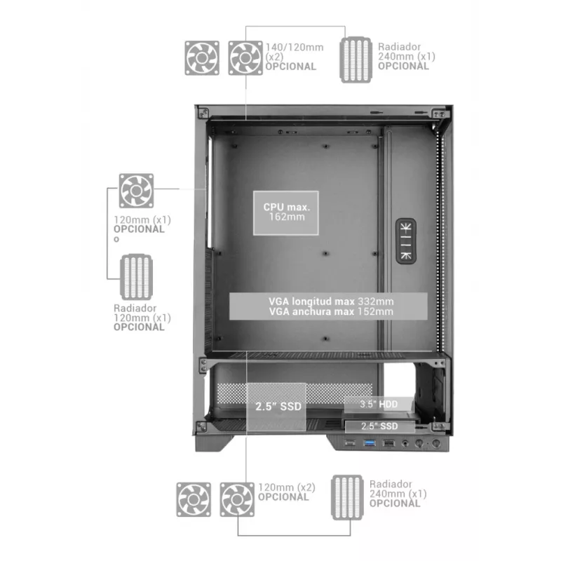 PC-behuizing TACENS MARS MC-PULSAR LCD ATX Midi Tower, gehard glas, front-LCD, USB-C, ondersteunt GPU 33,2 cm