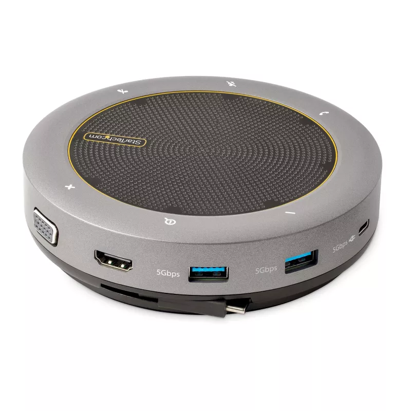 StarTech.com USB-C speakerphone dockingstation, mini draagbare conferentiespeaker en audiodock, USB-C naar VGA/4K HDMI, 2x USB-A hub, microfoon/luidspreker, Teams/Zoom/softphone speakerphone