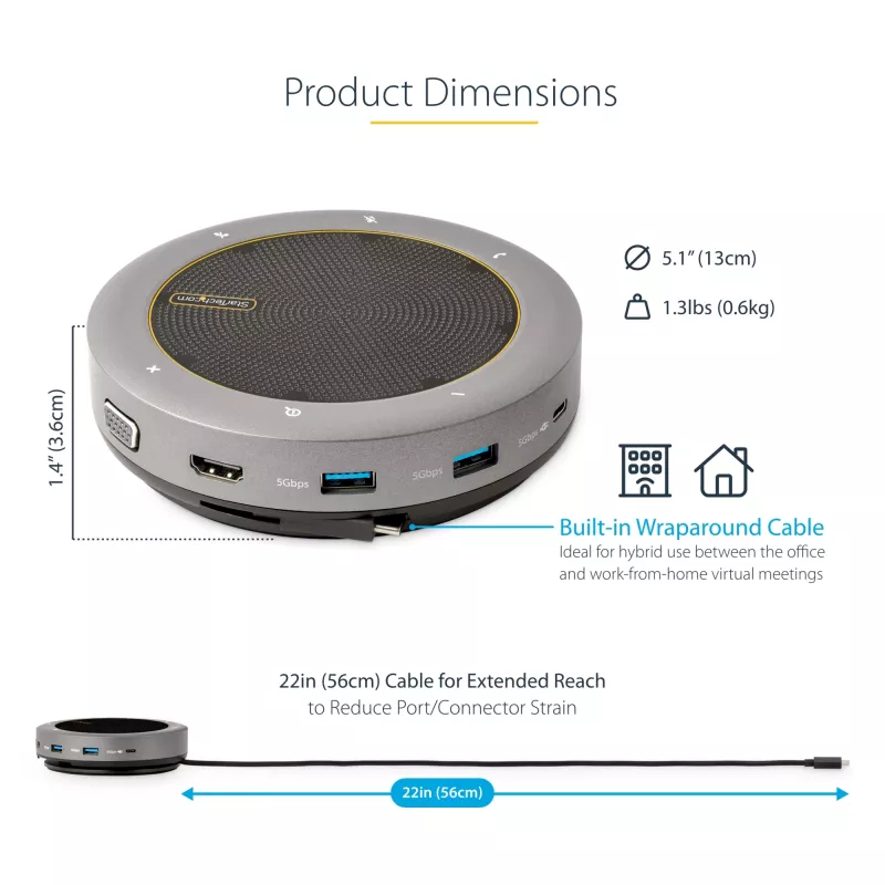 StarTech.com USB-C speakerphone dockingstation, mini draagbare conferentiespeaker en audiodock, USB-C naar VGA/4K HDMI, 2x USB-A hub, microfoon/luidspreker, Teams/Zoom/softphone speakerphone