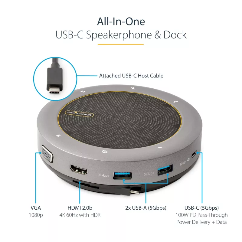 StarTech.com USB-C speakerphone dockingstation, mini draagbare conferentiespeaker en audiodock, USB-C naar VGA/4K HDMI, 2x USB-A hub, microfoon/luidspreker, Teams/Zoom/softphone speakerphone