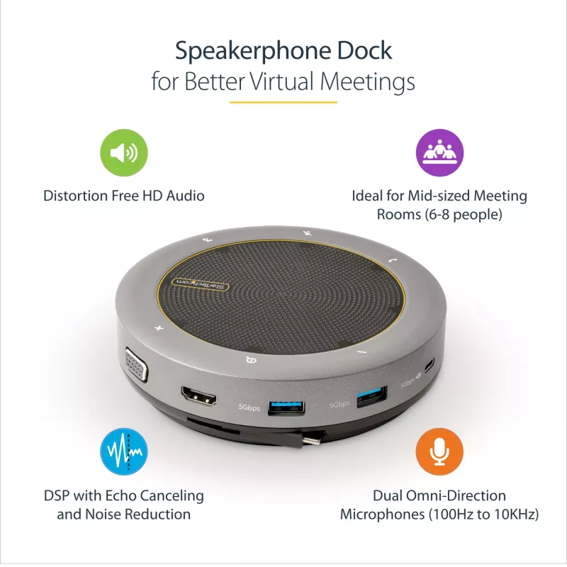 StarTech.com USB-C speakerphone dockingstation, mini draagbare conferentiespeaker en audiodock, USB-C naar VGA/4K HDMI, 2x USB-A hub, microfoon/luidspreker, Teams/Zoom/softphone speakerphone