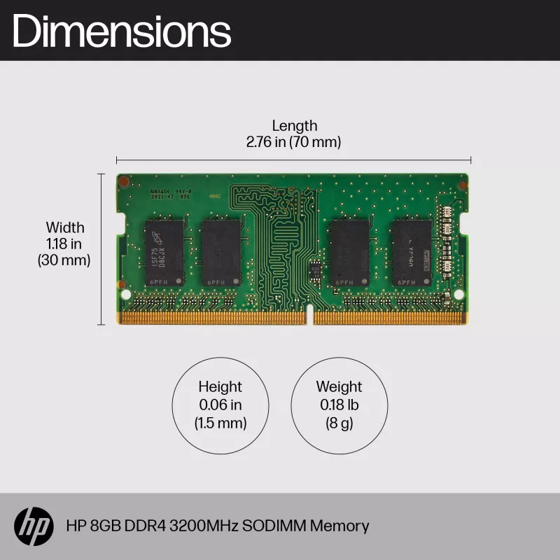 HP 8GB DDR4 3200 SODIMM geheugen, Business, Windows 10, Windows 11, 70 mm, 30 mm, 1,5 mm, 8 g