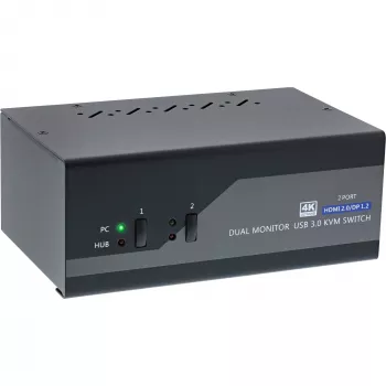 InLine KVM Desktop Switch, 2-poorts, dual-monitor, DP+HDMI, 4K, USB 3.0, audio