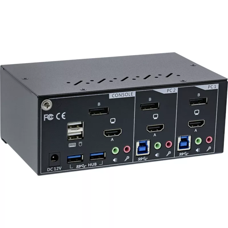 InLine KVM Desktop Switch, 2-poorts, dual-monitor, DP+HDMI, 4K, USB 3.0, audio