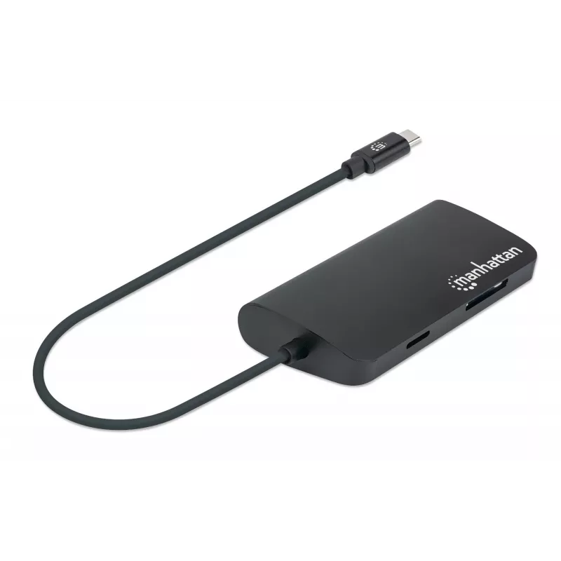 Manhattan USB-C dock/hub met kaartlezer, aansluitingen (x5): Ethernet, USB-A (3) en USB-C, 5 Gbit/s (USB 3.2 Gen1 alias USB 3.0), met Power Delivery (100W) naar de USB-C-aansluiting (let op: extra USB-C-voeding en USB-C-kabel vereist), universeel voor alle apparaten, aluminium