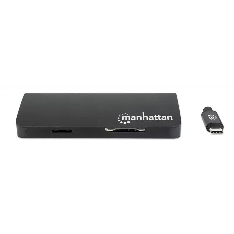Manhattan USB-C dock/hub met kaartlezer, aansluitingen (x5): Ethernet, USB-A (3) en USB-C, 5 Gbit/s (USB 3.2 Gen1 alias USB 3.0), met Power Delivery (100W) naar de USB-C-aansluiting (let op: extra USB-C-voeding en USB-C-kabel vereist), universeel voor alle apparaten, aluminium
