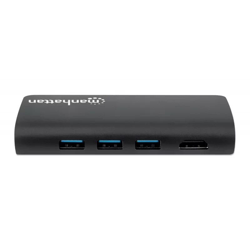 Manhattan USB-C dock/hub met kaartlezer, aansluitingen (x5): Ethernet, USB-A (3) en USB-C, 5 Gbit/s (USB 3.2 Gen1 alias USB 3.0), met Power Delivery (100W) naar de USB-C-aansluiting (let op: extra USB-C-voeding en USB-C-kabel vereist), universeel voor alle apparaten, aluminium
